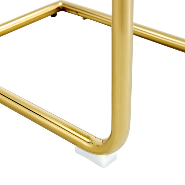51feae044aab4dc8b8793efecd9575c8_dccac49796db0a072dd943ce390543dc Table and chair set.71 * 35.4 inch rectangular dining table.Tempered Glass Tabletop,Golden 7-shaped Metal Table Legs.Paried With 8 Black High-quality PU Chairs With Arched Metal Legs.W1151S03301