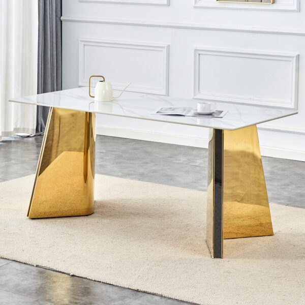 520e1c60825c4c7aaacba1fed770c205_147c4472aa76a0dc01ed1fa22d8fa482 63"x31.5x30" Luxurious Snow Mountain Stone Slab Dining Table with Golden Stainless Steel Butterfly Legs.The tabletop is designed to be scratch and heat resistant.Slabs Tabletop,