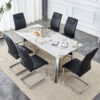 Table and chair set.63"x31.5x30" Luxurious Pandora patterned Sintered Stone Tabletop with Silver Stainless Steel Butterfly Legs.Paried With 6 Black High-quality PU Chairs With Arched Metal Legs.