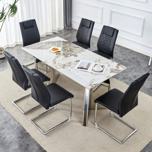 5213f57421064de3915e106f1dd03901_9e2a89eab212931cb2fb04d6eb17fd70 Table and chair set.63"x31.5x30" Luxurious Pandora patterned Sintered Stone Tabletop with Silver Stainless Steel Butterfly Legs.Paried With 6 Black High-quality PU Chairs With Arched Metal Legs.