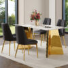 Table and chair set.63"x31.5x30" Luxurious Pandora patterned Sintered Stone Tabletop with Golden Stainless Steel Butterfly Legs.Paried With 4 Black PU Chairs with Simple Line Designs On The Backrest.