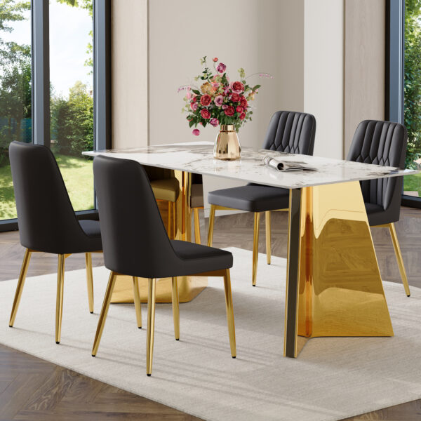 52223f18932a40fcb72c5f71f13fab29_f49fc4d69fc18c1712647b7e09f80360 Table and chair set.63"x31.5x30" Luxurious Pandora patterned Sintered Stone Tabletop with Golden Stainless Steel Butterfly Legs.Paried With 4 Black PU Chairs with Simple Line Designs On The Backrest.