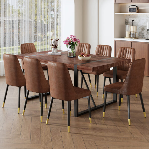 5246d47b78d3433590c144d32972e380_9dc3424e61d6e2cfd011cf4978666ab4 Table and chair set.Industrial Style Walnut-Colored Rectangular Dining Table - 71"x39.3" Large Size.Paired with 8 Brown Suede Chairs.Brown armless dining chair,Suitable for kitchen,Dining room,etc.