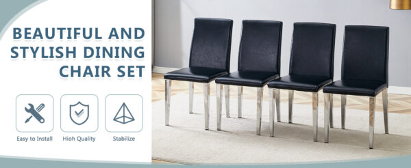5285da67606b44349fb7194a37cdd552_3ad5275d5584864d60bc754bbbf4a0f8 Four Black PU dining chairs,Silver Metal Legs.Simple and versatile, comfortable and accompanied. Exquisite and versatile dining chairs unlock a comfortable new experience.(Set of 4)