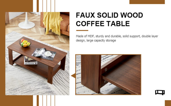 52a680ae63464fa0b9359fd04f27a7de_20231011_27f5b204c8fcf2ce4ed798c65bb3d761 Modern and practical walnut textured coffee tables , tea tables. The double layered coffee table is made of MDF material. Suitable for living room 43.3"*21.6"*16.5" CT-16