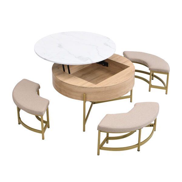 Modern Round Lift-Top Coffee Table with Storage & 3 Ottoman White & Natural