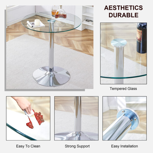 52b83885f7644e178c3fd259af22393e_a3b4d665f1bb5c7396f7c25cbbcc5c4f A glass tabletop with a diameter of 35 inches and a modern minimalist circular dining table with electroplated silver metal legs. Suitable for restaurants, living rooms, and conference rooms.BT-1166