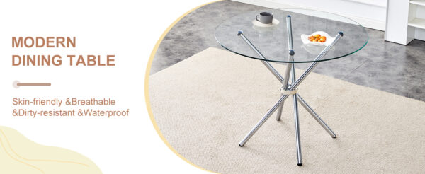 52b8baf3bcfd47cd8c78dc413bb6bdf5_6c8cdeaf04d43d069467697ecac36c45 Round clear glass dining table with a unique shape for 4-6 people, with ring-shaped gathered silver metal legs, suitable for desks, kitchens, terraces, dining rooms.
