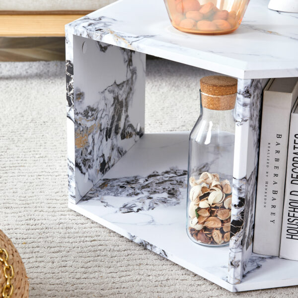 52c169f5007542758d23eec91e9696bc_958749978deb73fc050828295eff79b5 Hexagonal MDF coffee table, characteristic pattern stickers, multi-hole design to give more storage space, simple and convenient design makes it suitable for all kinds of style scenes.