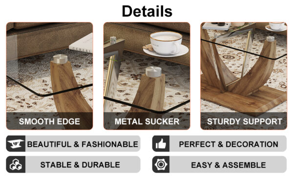 52cd6377c9874b728170ecc69ae72281_20240321_9449e436a3ccdd9e02477bf4a784ae14 Modern minimalist transparent tempered glass coffee table with wooden MDF legs and stainless steel decorative columns. Computer desk. Game table. CT-907