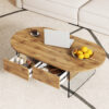 Coffee table with double drawers. The board surface is MDF sticker, and both sides are transparent tempered glass. The design is simple and elegant, with excellent storage functions.