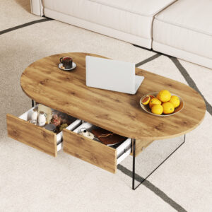 Coffee table with double drawers. The board surface is MDF sticker, and both sides are transparent tempered glass. The design is simple and elegant, with excellent storage functions.