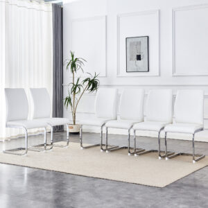 Luxury Simple Arch Chair - Set of 6 White PU Material High Resilience Dining Chair with Arched Metal Silver Leg.