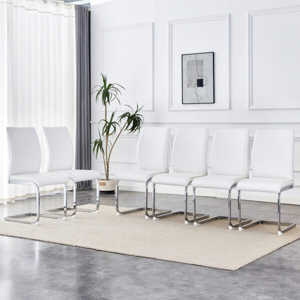 52d7461dabe84bb488623da8f007dfe2_2edc64348821ab9f930a7eeeeaa8292c Luxury Simple Arch Chair - Set of 6 White PU Material High Resilience Dining Chair with Arched Metal Silver Leg.