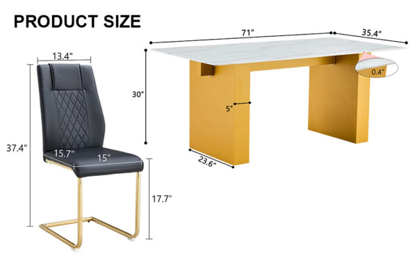 52d7a91b39a34d94bf07f87395216bf1_3b01f68cef1f2c8f5ad44b4000d68e79 Table and chair set.Large modern rectangular table with 0.4 inch patterned glass tabletop and large MDF table legs.Comes with 8 chairs with faux leather cushioned seats and golden metal legs.