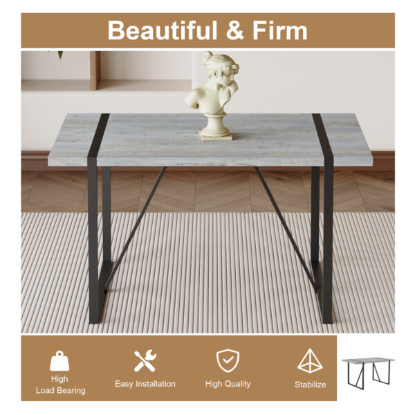 52db4836441f4ea28be3e4c91e92371e_ff9349a0f25480a3ad2723b081e191b7 Table and chair set. Modern minimalist grey marble textured MDF dining table with metal frame. Comes with chairs with 4 PU cushions and black metal legs.