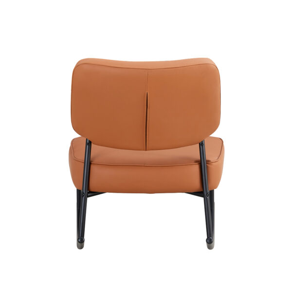 PU material cushioned rocking chair, unique rocking chair, cushioned seat, brown backrest rocking chair, black metal legs. Comfortable side chairs in the living room, bedroom, and office