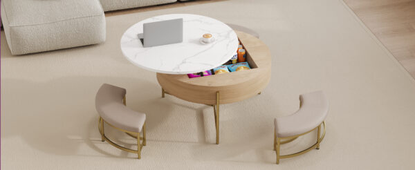 Modern Round Lift-Top Coffee Table with Storage & 3 Ottoman White & Natural