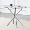 Round clear glass dining table with a unique shape for 4-6 people, with ring-shaped gathered silver metal legs, suitable for desks, kitchens, terraces, dining rooms.