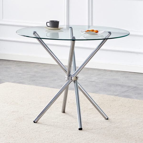 5305135c61ea415a8ed88c94c170fa95_6f0f1c319c1d5b551c4a52cb7aef49df Round clear glass dining table with a unique shape for 4-6 people, with ring-shaped gathered silver metal legs, suitable for desks, kitchens, terraces, dining rooms.