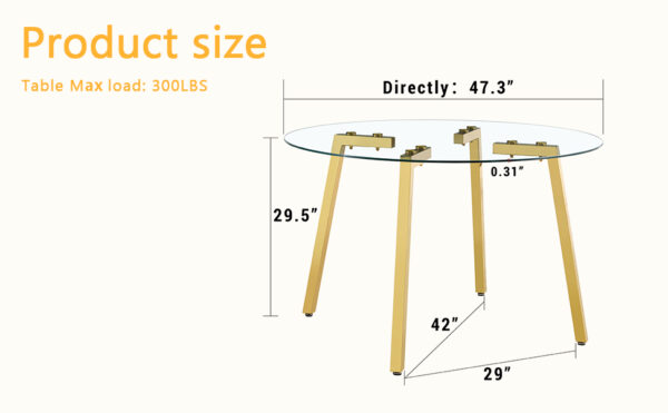 530566c6e17a4537b061a6d38dd03714_0ae01647f7d9c02709698c13dfdc5953 Modern Luxurious Round Tempered Glass Dining Table with Gold 7-Shaped Metal Legs,suitable for family meals, office conferences, or as a casual coffee table for various occasions.47.3*47.3*29.5