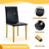 Table and chair set.71 * 35.4 inch rectangular dining table.Tempered Glass Tabletop,Golden 7-shaped Metal Table Legs.Paried With 8 Black PU dining chairs, Golden Metal Legs.Simple and versatile.