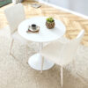 Table and chair set.Hourglass-Shaped Stable Small Round Table -31.9" * 31.9" with 2 Cream-Style dining chairs with a vertical line design on backrest.Adding a warm atmosphere to your family.