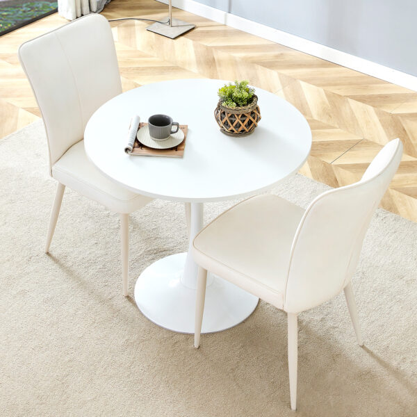 5321d08ec5a049029da40c421c9a3d23_d00668fe611872379f4c8bf9597be3a3 Table and chair set.Hourglass-Shaped Stable Small Round Table -31.9" * 31.9" with 2 Cream-Style dining chairs with a vertical line design on backrest.Adding a warm atmosphere to your family.