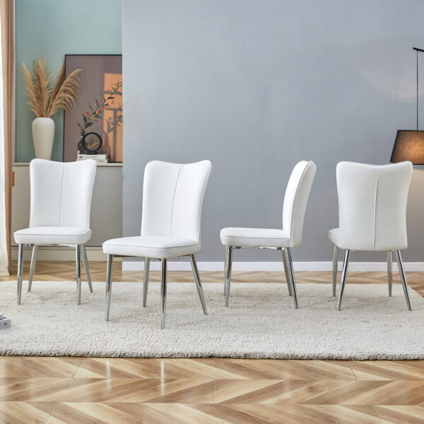 533bf28bbdf84feb934dd0048152110f_20231018_8dc59fd11b80d99f2417ca5dc5332ded Modern minimalist dining chairs, office chairs. 4-piece set of white PU seats with silver metal legs. Suitable for restaurants, living rooms, and offices. C-008