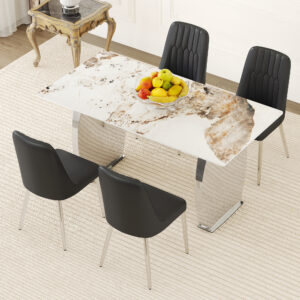 Table and chair set.63*31.4 Inch Pandora Patterned Sintered Stone Dining Table Set - 4 Black Chairs With Silver Metal Legs.Modern Light Luxury.Perfect For Dinner Room,Meeting Room,Kitchen,etc.