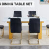 Table and chair set.Large modern rectangular table with 0.4 inch patterned glass tabletop and large MDF table legs.Comes with 6 chairs with faux leather cushioned seats and golden metal legs.