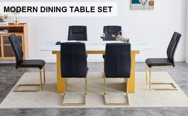 5352a670c58440269248b14e72b2053d_cf1a71d76050db366714435d3539123e Table and chair set.Large modern rectangular table with 0.4 inch patterned glass tabletop and large MDF table legs.Comes with 6 chairs with faux leather cushioned seats and golden metal legs.