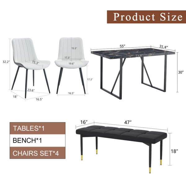 536eb71601e04b39aed1d2dba01f8940_43bb1ac5e4fadfa850cbc2755cd9ccfc Table and chair set.Modern Black Marble Pattern MDF Dining Table Set - 55"x31.4" with 4 Extended Seat Cushion PU Dining Chairs and 1 Bench,A Choice of Subtle Luxury for Modern Homes.