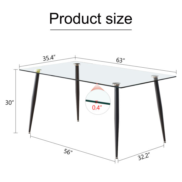 Modern minimalist rectangular transparent tempered glass dining table, 0.4 inches thick, black metal legs, suitable for kitchen, dining room, and living room 63 "* 35.4" * 30 " DT-1544