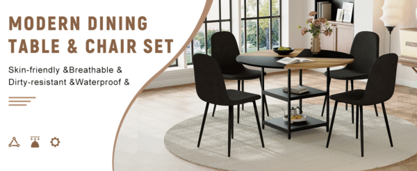 538718fb10224d61979ba0a1a0c990e3_8ca618c276d6d0e4d08c8058193e530d Table and chair set. A 47.3-inch diameter modern spliced color circular dining table - double-layer storage.Paired With 4 Black Linen-Cotton Material High Resilience Dining Chair with Metal Black Leg.