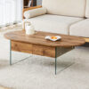 Coffee table with double drawers. The board surface is MDF sticker, and both sides are transparent tempered glass. The design is simple and elegant, with excellent storage functions.