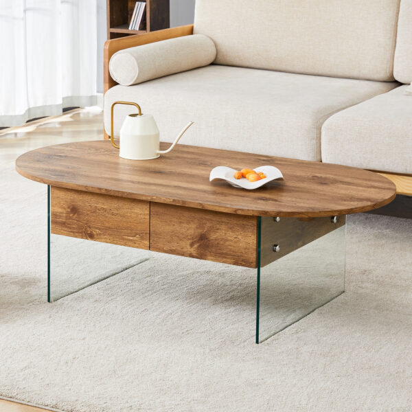 538a7f7e8cec43c690ea94aeadb3ab5a_f40d0338f775a30d3df1b13191fde1f0 Coffee table with double drawers. The board surface is MDF sticker, and both sides are transparent tempered glass. The design is simple and elegant, with excellent storage functions.