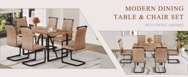 Table and chair set.A retro rectangular dining table with a wood color fishbone textured top and black metal legs.Paired With 6 Brown technology fabric chairs with Featuring arched black legs.