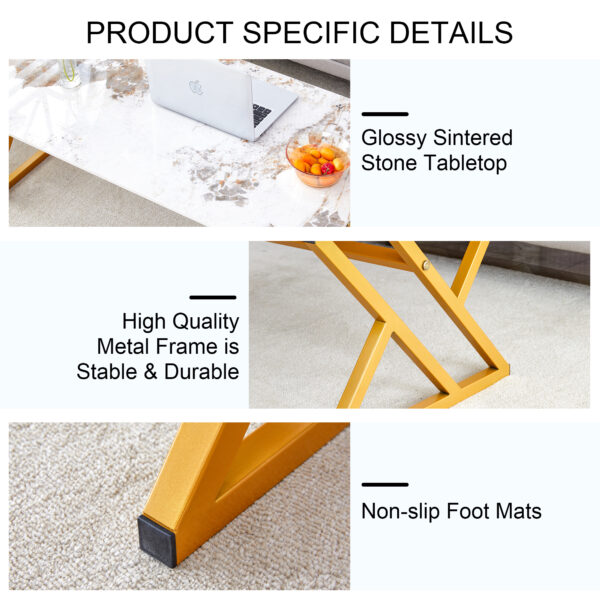 539920e6bcf3433ea3b052a2f037857b_7cf1c7ce3e039dee57d5eabbd3f507ce A coffee table is made of rock slab material, with a natural and smooth marble pattern on the surface, which complements the modern design of the golden metal legs and adds a touch of fashion.47*23.6