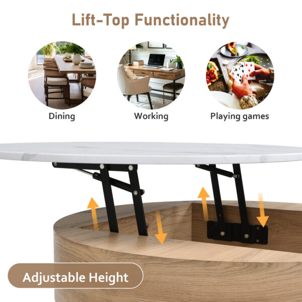 Modern Round Lift-Top Coffee Table with Storage & 3 Ottoman White & Natural