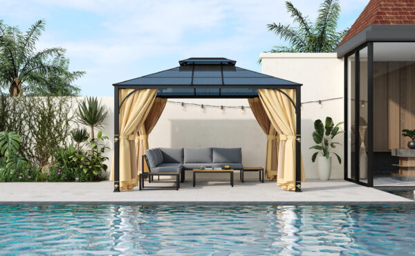 TREXM 10'x12' Hardtop Outdoor Gazebo, Heavy Duty Double Roof Patio Gazebo with Aluminum Frame, Double-Layer Side Walls Mosquito Netting & Privacy Curtains for Patio, Garden, Backyard (Beige)