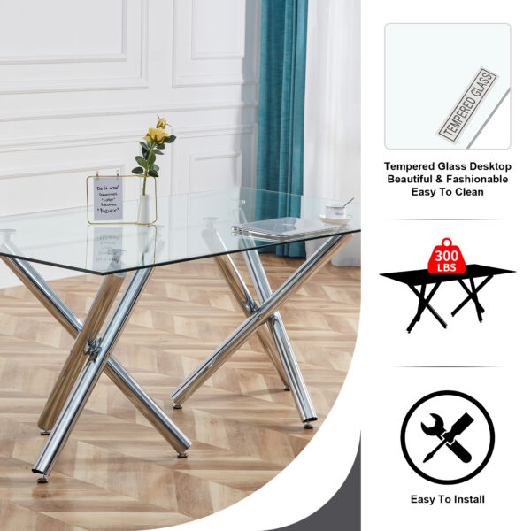 53d7c148f3e44ea28a050a2fc490be1a_e030826f1a43c39c1a17fcb70226fe6d Large Modern Rectangular Glass Dining Table for 6-8 with 0.39" Tempered Glass Tabletop and Silver Chrome Metal Legs, for Kitchen.Tempered Glass Tabletop,Double Fork Metal Legs.W1151S03321