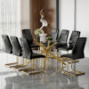 Table and chair set.Modern Luxurious Transparent Tempered Glass Dining Table Set with 8 Chairs.Single Fork Golden Metal Table Legs.Black high-quality PU dining chairs with golden metal legs.