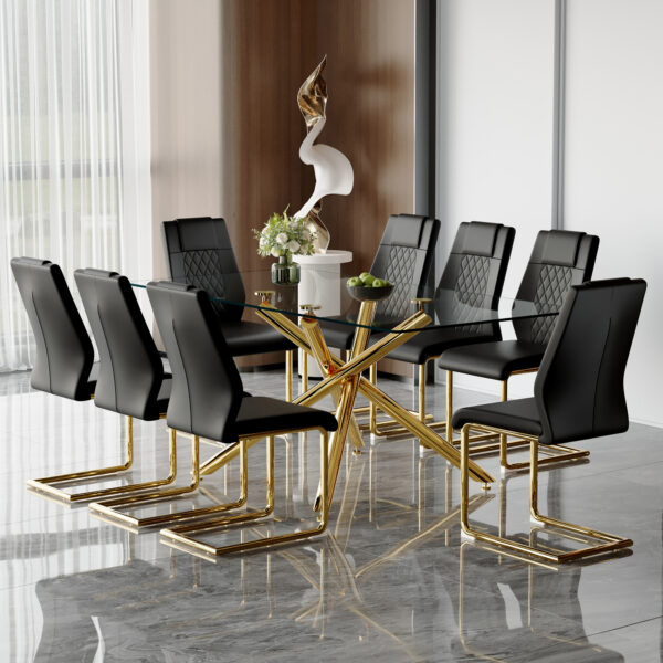 53f01fc1ba20416ca69d07a2aa3d5563_d8c2417585436fa5fd9fa4c712385bdb Table and chair set.Modern Luxurious Transparent Tempered Glass Dining Table Set with 8 Chairs.Single Fork Golden Metal Table Legs.Black high-quality PU dining chairs with golden metal legs.