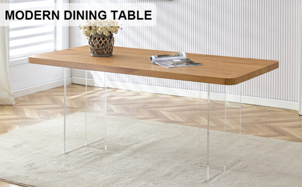 A modern minimalist wooden table with acrylic legs and rectangular tables. Computer desk. Dining table. Suitable for restaurants, living rooms, and kitchens. F-1298
