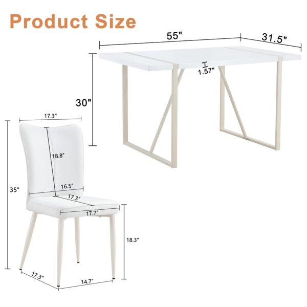 5406e70d847744f796492fedb9b795c8_6c1d4f7710c244f2dcd7d041fdb23081 55"x31.5"Cream-Style White MDF Dining Table Set with 4 Armless Chairs.MDF Tabletop and metal legs.The backrest of the dining chair has a vertical line design.Adding a warm atmosphere to your family.