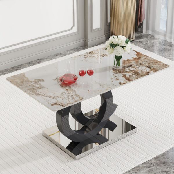 54103ce0e68f4298a544634efb687b57_24aab42aa10013f6c8972d0f41dcc337 Large modern minimalist rectangular dining table suitable for 6-8 people, Equipped with a 0.4 inch pattern desktop, MDF material OC shaped bracket, and metal base F-OC