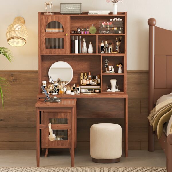 Computer Desk with 90 Degree Rotating Desktop, 43x70 Inch Office Desk with Storage Drawer and Cabinets, Gaming Desk with Shelves, Writing Desk for Study, Work Desk for Home Office Bedroom Living Room