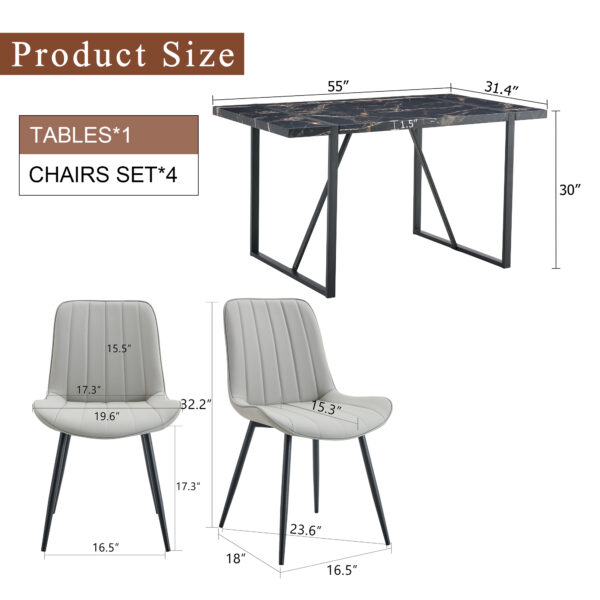 541daced1508451dbf044f6618f4a0a9_42abda4065298e96f1c89367b6e913e8 Table and chair set.Modern Black Marble Pattern MDF Dining Table Set-55"x31.4" with 4 Extended Seat Cushion PU Dining Chairs.Light Gray Cushion.Iron Pipe Spraying Chair Legs.