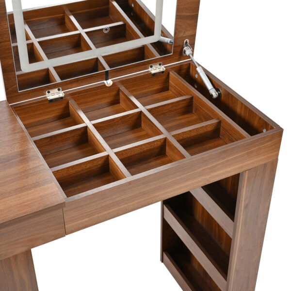 Vanity Desk with Mirror and Lights, Makeup Vanity Table with Flip-Top Tabletop and Storage 7 Drawers, 9 Compartments, 3 Shelves, 3 Color Modes Adjustable Makeup Table for Bedroom, Walnut